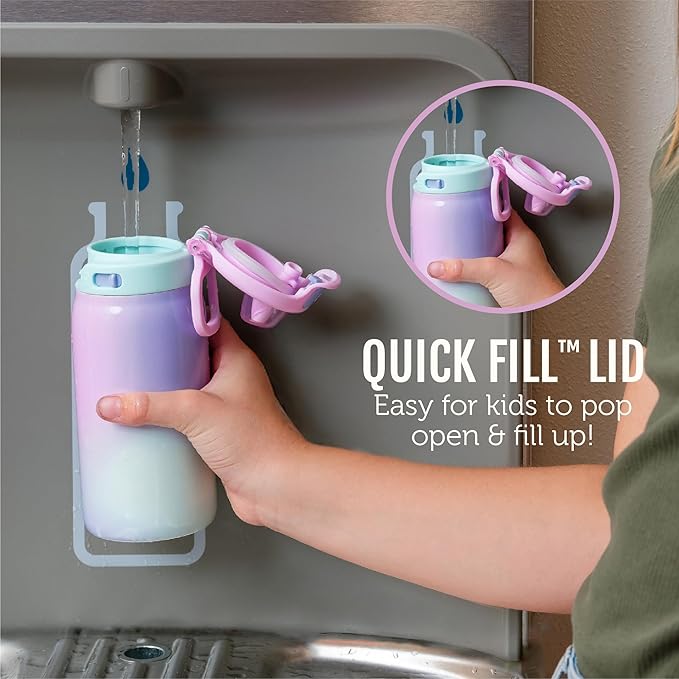 Ello Kids Pop & Fill 12oz Toddler Water Bottle with Quick Fill Lid, Double-Wall Vacuum Insulated Stainless Steel, Leak Proof, BPA Free, Sip & Chug, For School, Lunchboxes, Preppy Cherries