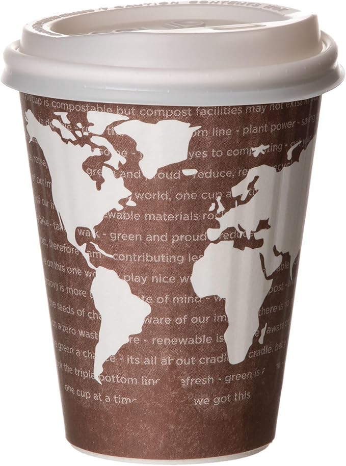 ECO PRODUCTS Compostable Disposable Insulated World Art 8oz Coffee Cups, Case of 800, Renewable Double-wall Hot Paper Cup, Plant Based PLA Lining, No Sleeves Needed, Color Coded