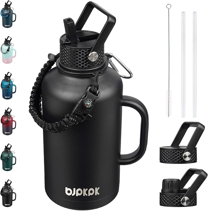 BJPKPK Half Gallon Insulated Water Bottles with Straw Lid & Side Handle, 64oz Large, Stainless Steel Water Bottles with 3 Lids and Paracord Strap, Metal Water Jug,Black