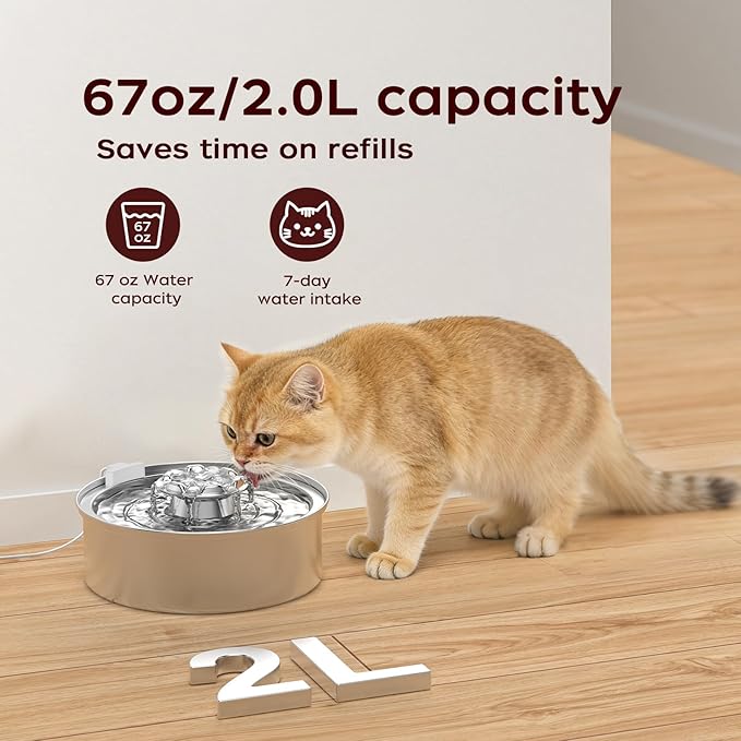 OYES Cat Water Fountain,Stainless Steel 2.0L/67oz Automatic Circulating Pet Water Fountain,Ultra-Quiet Pump with LED Light,Dishwasher Safe,Cat Fountain Suitable for Cat and Puppy (2L Cat Fountain)