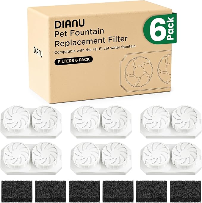 DIANU Official Cat Water Fountain Replacement Filters & Pre-Filter Sponges for 3.2L/108oz Stainless Steel Pet Fountain (Six Pack)