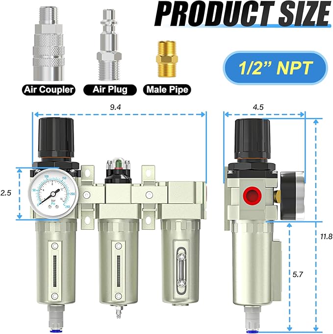 1/2" NPT Heavy Duty Industrial Grade 3 Stage Air Drying System, Auto Drain, Coalescing Filter, Particulate Filter, Desiccant Dryer and Air Regulator For Plasma Cutter and Paint Spray - AquaVibe