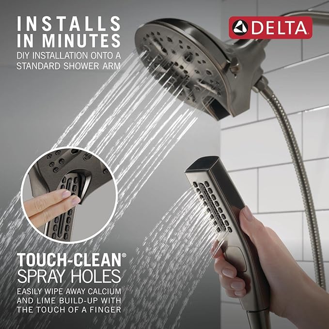 Delta Faucet 5-Spray In2ition 2-in-1 Dual Hand Held Shower Head with Hose, H2Okinetic Handheld Shower Head with Magnetic Docking, Black Handheld Shower Heads, Black Stainless 58620-KS-PR-PK