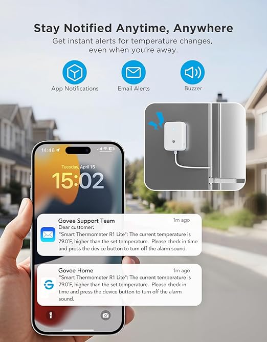 GoveeLife Upgraded Smart Water Leak Detector 1s with 1804ft Ultra-Long Range Bundle with GoveeLife WiFi Refrigerator Thermometer with Alarm