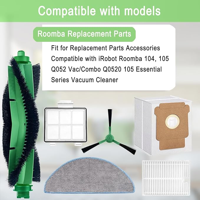 Replacement Parts Accessories Compatible with iRobot Roomba 104,105 Vac/Combo,Q052 Vac/Combo Q0520 105 Essential Vacuum Cleaner,2 Roller Brushes 6 Filters 1 Pre-Filter 4 Mop Pads 6 Side Brushes 6 Bags - AquaVibe