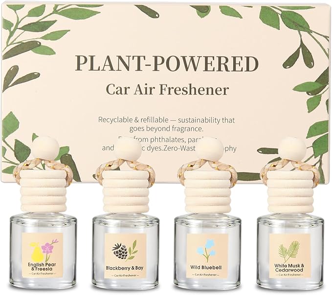 Car Air Freshener Oil Diffuser - Hanging Long Lasting Scent for Car & Home (BlackBerry & Bay, White Musk & Cedarwood, English Pear & Freesia, Wild Bluebell)