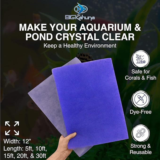 Big Kahuna Aquarium Filter Floss Rolls – 12-inch Pond and Aquarium Filter Media – 1-inch Thick Wet/Dry Aquarium Filter Pad – Bonded Filter Media Pad for Freshwater or Marine Aquariums, Ponds – 6ft - AquaVibe