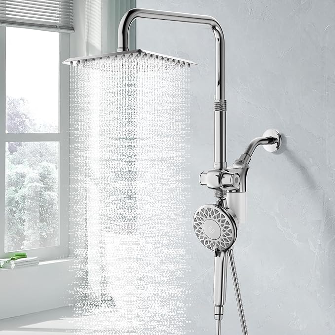 SINGSUO Filtered Rain Shower Head with Handheld Spray Combo, High Pressure Dual Shower Head with Filter for Hard Water, Modern Magnetix Double Shower Head and Handle Set, Adjustable Lift Bar (Chrome)