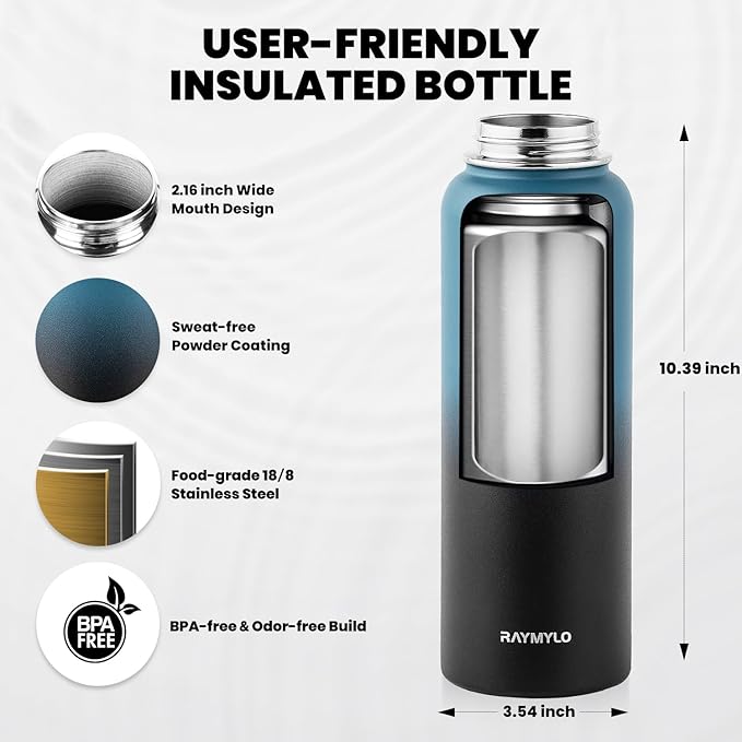 Insulated Water Bottle 40 oz, Triple Wall Vacuum Stainless Steel (Cold for 48 Hrs), Leak Proof & Non-BPA, Modern Water Flask Jug with Paracord Handle & Straw Spout Lids, Indigo/Black