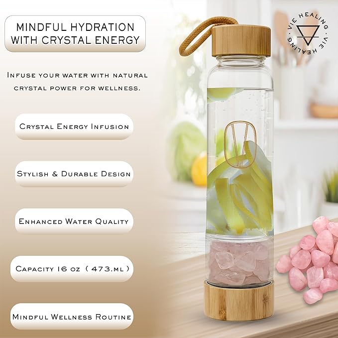 Vie Healing Gem Infused Rose Quartz Crystal Water Bottle, 16oz | Crystal Glass Bottle for Mindful Hydration, Daily Balance & Style | Eco Friendly Reusable Water Bottle for Home, Office, Gym & Travel