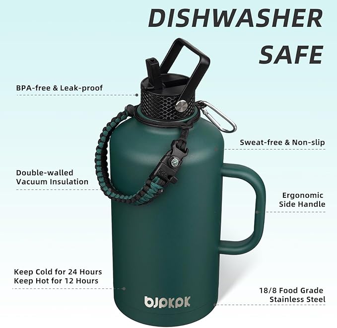 BJPKPK 2/3 Gallon Water Bottle Insulated with Straw Lid, 87oz Large, Stainless Steel Water Bottles with 3 Lids and Paracord Strap, Double Wall Vacuum Metal Water Jug, Army Green