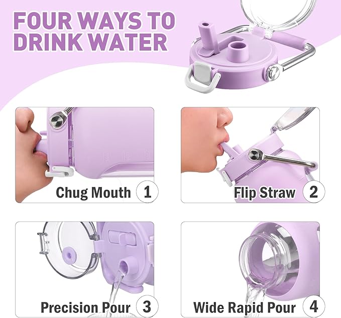 84oz Glass Water Bottle with Stainless Steel Handle,2.5L Gallon Water Bottle with 2-IN-1 Straw Lid, Silicone Sleeve and Motivational Capacity Marker, Wide Mouth Water Jug For Gym, Purple