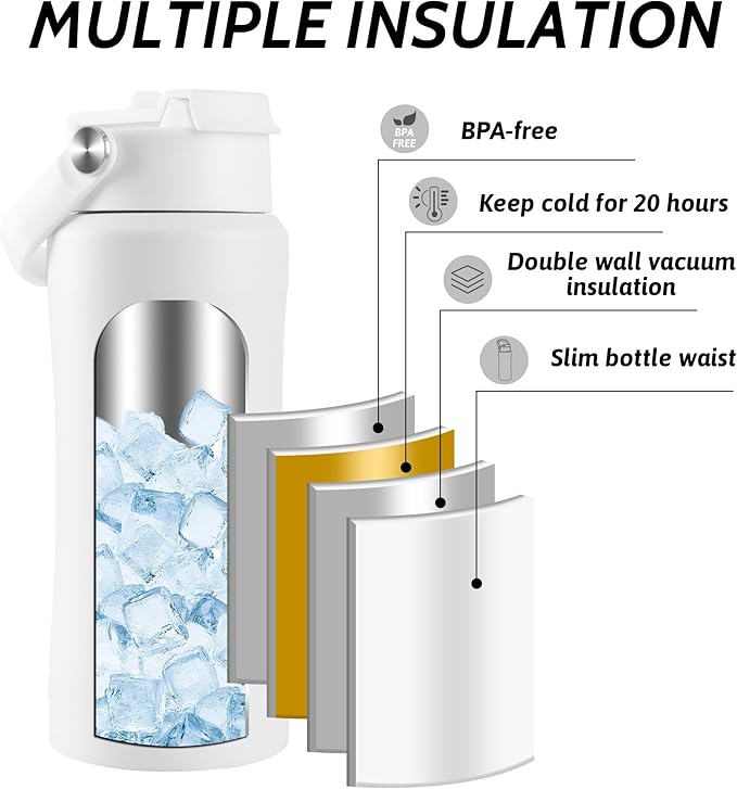 Water Bottle with Portable Bluetooth Speaker - Modular Insulated Water Bottles w/Handle, BT5.3, TWS Pairing Speaker and Stainless Steel Cups for Camping Sports Beach (White)