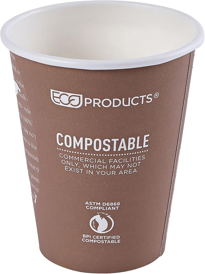 ECO PRODUCTS Compostable Disposable World Art 8oz Small Coffee Cups, Case of 1000, Renewable Hot Paper Cup, Plant Based PLA Lining, Color Coded