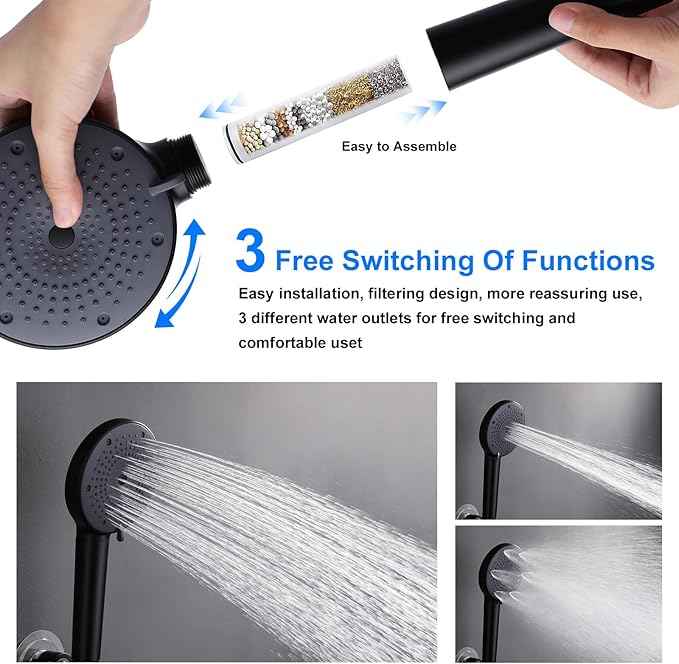 Dual Filtered Shower Head, 8 Inch 3 Spray Mode High Pressure Rainfall Showerhead with Handheld Combo, 10 Inch Adjustable Extension Arm and 60" Hose, Shower Head Filter for Hard Water, Black