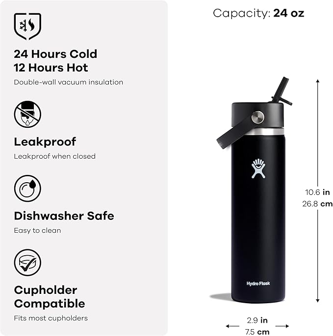 Hydro Flask Water Bottle - Insulated Stainless Steel - Wide Straw Lid, Non Spill, Leakproof in 24 Oz Ivory