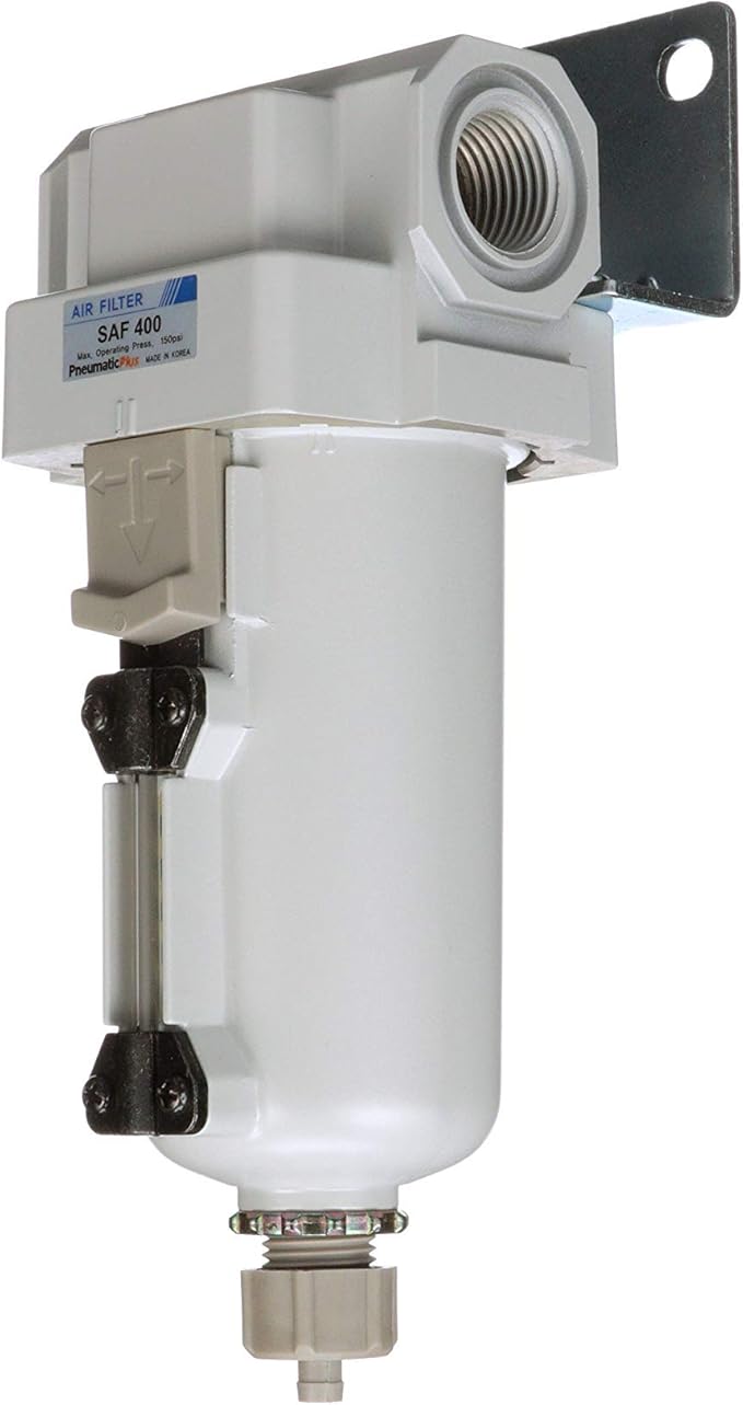 PneumaticPlus SAF400-N04B-MEP Compressed Air Particulate Filter 1/2" NPT, 10 Micron - Metal Bowl w/Manual Drain, Bracket - AquaVibe