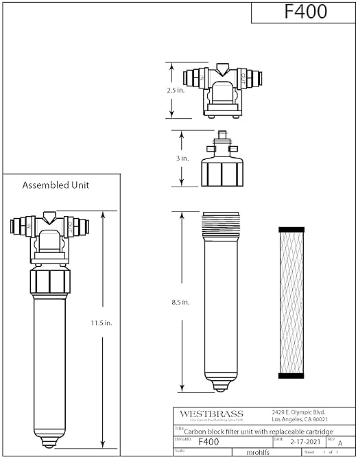 Westbrass F400 Under Sink In-Line Water Filter Unit and Cartridge for Instant Hot or Pure Water Dispenser Faucets