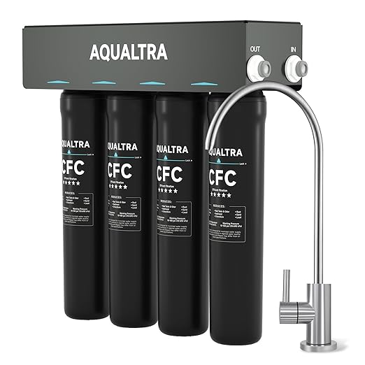 AQUALTRA USF-4F-15 Under Sink Water Filter System, Commercial 80K Gallons with Faucet, 0.5 μm Carbon Fiber Filter Reduces Chlorine, Chloramine, Fluoride, Bad Taste & Odor