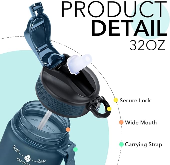 Hyeta 32oz Water Bottles with Straw - Stay Motivated and Hydrated with Convenient Times to Drink Markings, Durable, Leak-proof