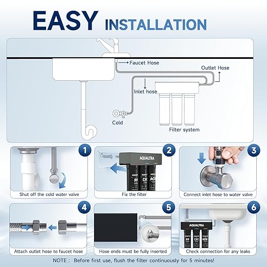 AQUALTRA USF-3B-15 Slightly Alkaline Under Sink Water Filtration System, 8K-40K Gallons Under-Sink Water Filter, 0.5 μm Carbon Fiber Filter Reduces Chlorine, Chloramine, Fluoride, Bad Taste & Odor