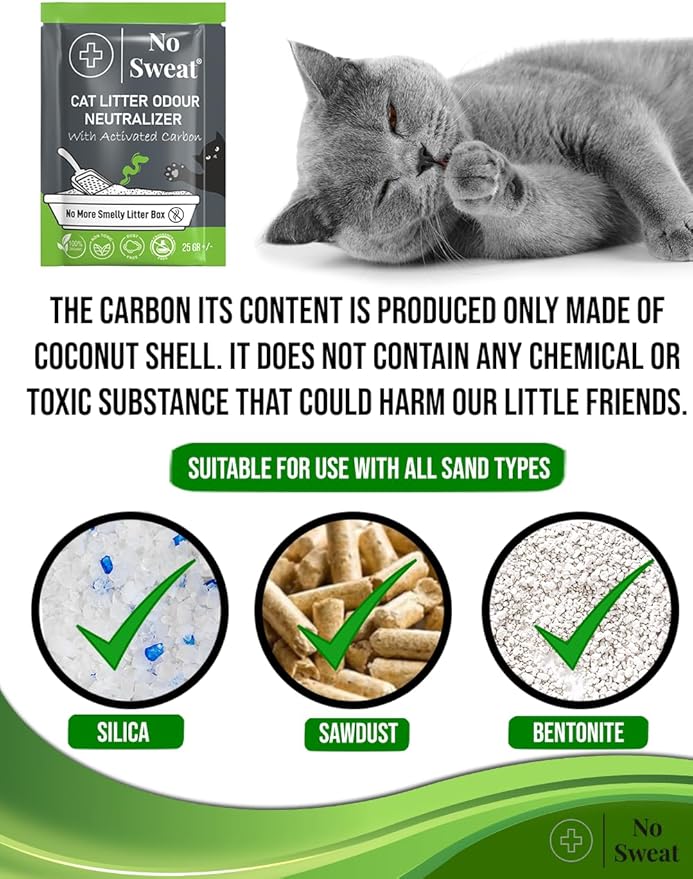 No Sweat Activated Carbon Cat Litter Odour Neutralizer- Made Of Coconut Shell -All Natural - None Chemical,Toxic Ingredients- Non-Scented-Planet Friendly-Disposable 10 Packs in One Box 250 GR - AquaVibe
