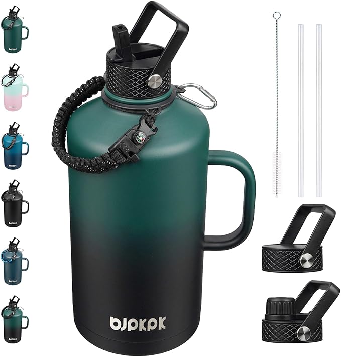 BJPKPK 1 Gallon Water Bottle Insulated with Straw Lid, 128oz Large, Stainless Steel Water Bottles with 3 Lids and Paracord Strap,Double Wall Vacuum Metal Water Jug,Army Green&Black