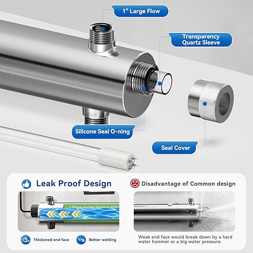 UV Water Filter Whole House, 12GPM 120V 55W Water Purifier Filter System for Whole House, 1" MNPT Inlet/Outlet for Water Purity, Whole Home for Water Purification, +1 Extra Bulb