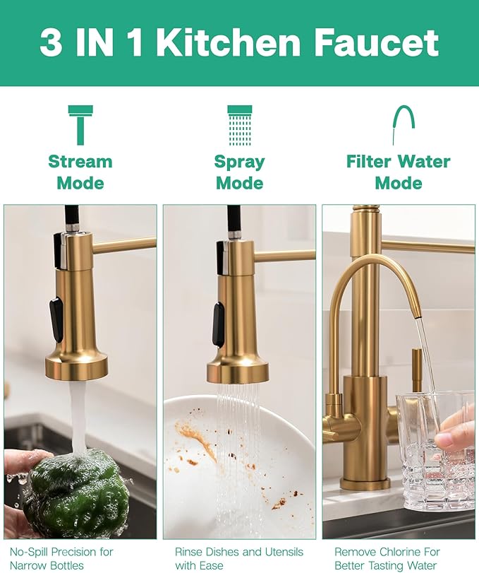 GIMILI 3 in 1 Kitchen Faucet with Pull Down Sprayer Brushed Gold Two Handle Kitchen Sink Faucet with Under Sink Water Filter System Reduces PFAS, PFOA/PFOS, Lead, Chlorine, Bad Taste & Odor