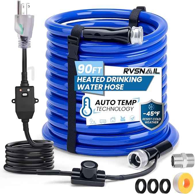 90FT Heated Water Hose, Freeze Protection to -45°F, Smart Thermostat Control, Lead/BPA-Free Drinking Water Safe Hose for RV, Camping & Home Use
