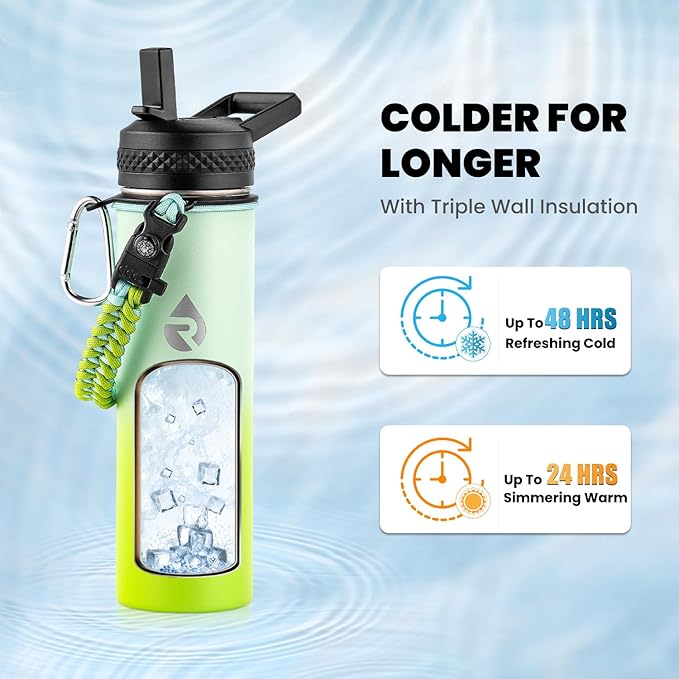 Insulated Water Bottle 20 oz, Triple Wall Vacuum Stainless Steel (Cold for 48 Hrs), Leak Proof & Non-BPA, Kids Water Bottle Jug for School with Straw Spout Lids, Ombre Green
