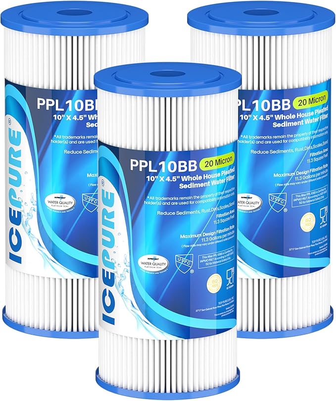 ICEPURE 20 Micron 10" x 4.5" Whole House Extra Coarse Pleated Sediment Filter for Well Water, Replacement Cartridge for GE FXHSC, DuPont WFHDC3001, Pentek R50-BB, Culligan R50-BBSA, W50PEHD, 3Pack