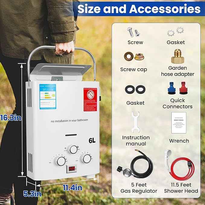Propane Tankless Water Heater gas, 6L Portable propane shower 1.58 GPM, Outdoor Tankless Camping Water Heater for RV, Cabin, Barn, Camping, Boat, Outdoor Shower