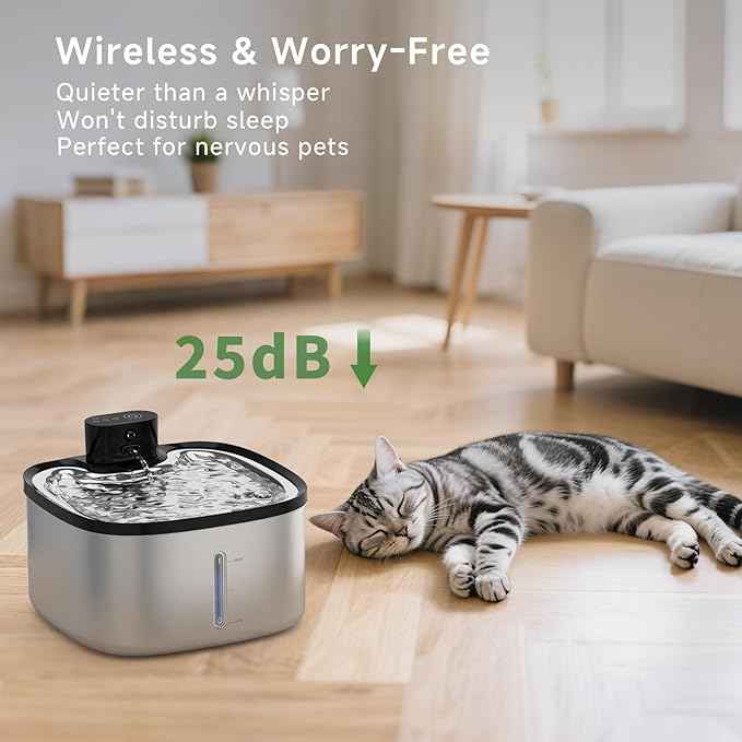 Wireless Cat Water Fountain Stainless Steel, 118oz/3.5L Cordless Automatic Pet Water Dispenser for Cats Indoor, with Motion Sensor, Ultra Quiet Pump, Rechargeable & Multi-Filtration-8Filters