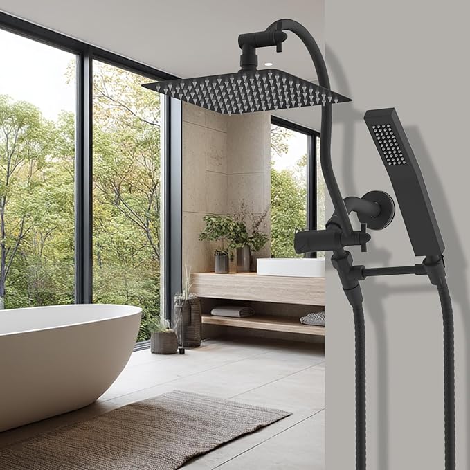 Hibbent All Metal Shower Head, 8'' High Pressure Rainfall Shower Head, Showerhead Combo, Handheld Shower Wand, 12'' Adjustable Curved Shower Extension Arm, 71'' Hose, Shower Head Holder, Matte Black