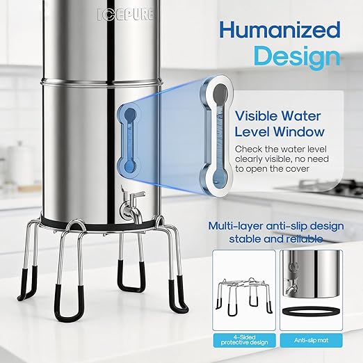 ICEPURE 3-Stage Gravity Water Filter System with Water Level Window, 304 Stainless Steel Countertop Gravity fed Water Filtration System with 2 Filters and Stand, Reduce 99% Chlorine, 3G High Capacity