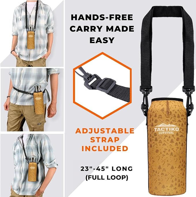 Tactiko Survival 25 oz/750 ml Stainless Steel Wide Mouth Water Bottle, Single Wall Boil-Safe, Leakproof, BPA-Free with Carry Sleeve and Strap for Camping, Hiking, Outdoor Prep (Tan)
