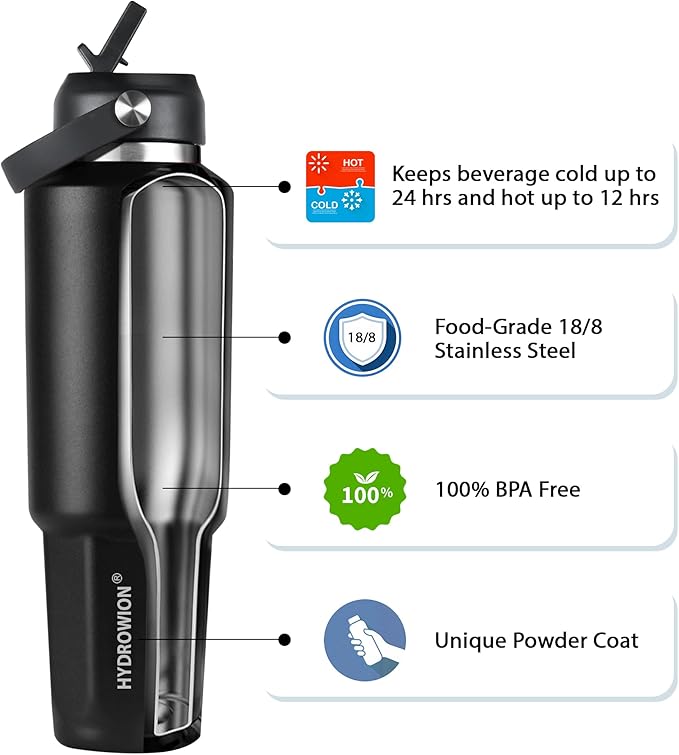 HYDROWION 32 oz Insulated Water Bottle, Car Water Bottle Holder - Double Wall Vacuum Insulated Travel Bottle with Straw Lid, Spout Lid and Flex Cap - Cold for 24H, Hot for 12H, Black
