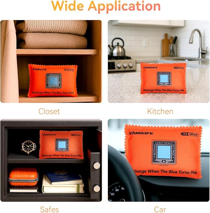 FAMILIFE 100g Rechargeable Desiccant Packs of 6, Reusable Dehumidifier Bags Color Indicating Silica Gel Packets Small Portable Moisture Absorbers for Storage Bins Car Closet Gun Safe Electronics