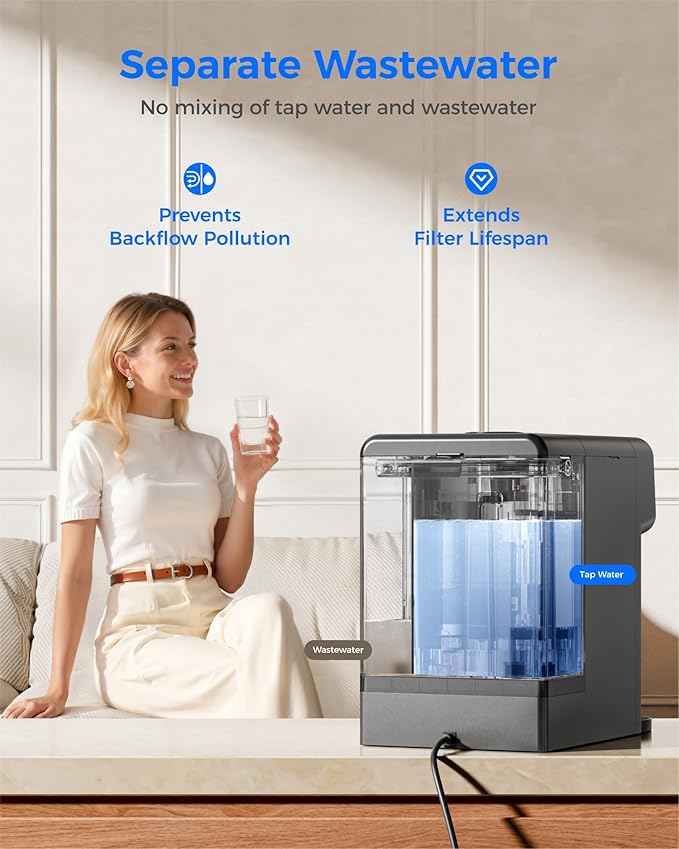 Waterdrop WD-M6H Instant Hot Reverse Osmosis System Countertop Water Filter, 7-Stage, 3:1 Pure to Drain, Hot Water Dispenser with 5 Temperature Options, RO System with Glass Pitcher, BPA-Free