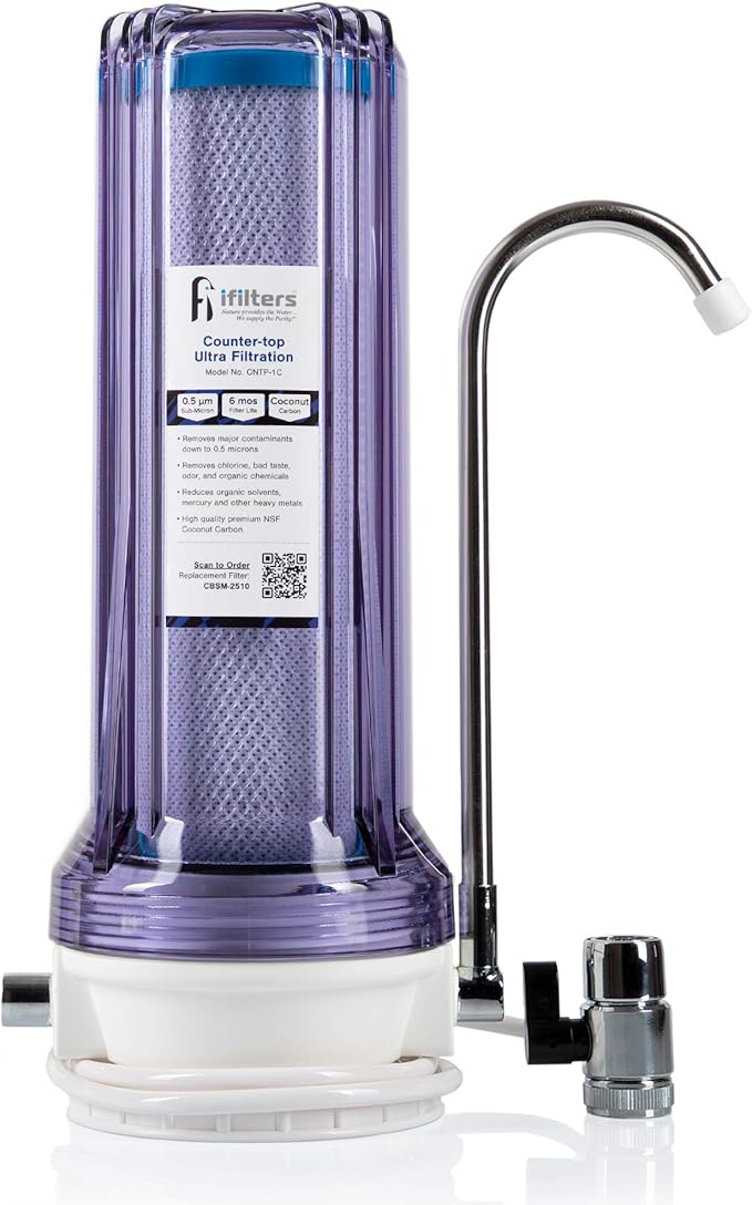 iFilters CNTP-1C Countertop Drinking Water Filtration System with NSF 0.5 Micron Coconut Carbon Filter & Faucet Adapter | Reduces Chlorine, VOCs, Cysts, Pesticides, Bad Taste, Odor & Organic Chemicals