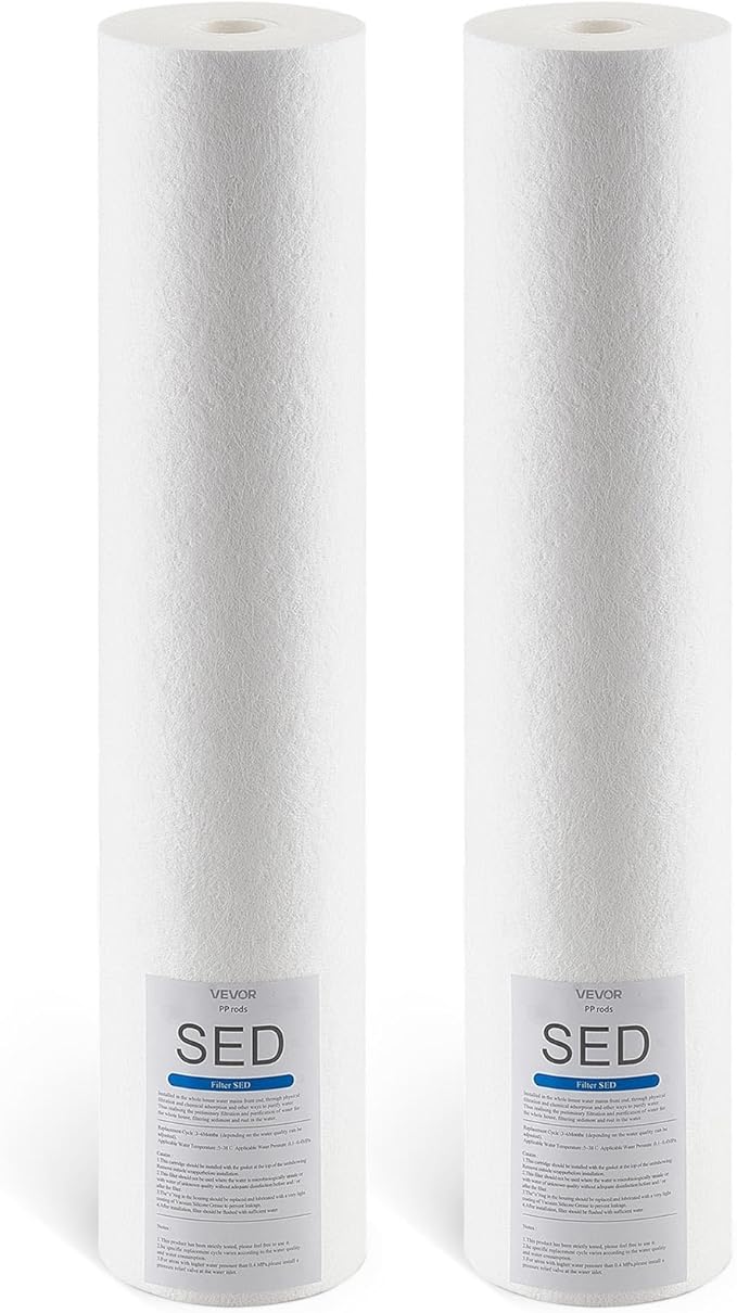 VEVOR Sediment Water Filter Cartridge, Universal Fit 20 x 4.5 Inch, 5 Micron SED Whole House Replacement Filter, 100,000 Gal Capacity, Reduces Sand, Rust, Dirt, and Particles, 2Pack