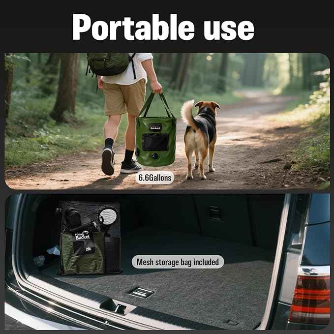Portable Shower for Camping, 6000mAh Rechargeable Camp Shower Pump with Large Capacity Foldable Bucket, Filtered Shower Head, Outdoor Camp Shower Pump for Hiking, RV, Traveling, Car Washing, Pet Bath