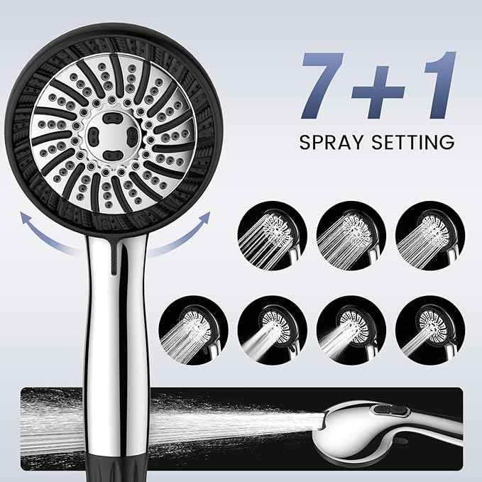 NSF Certified Shower Head with Filters, High Pressure Filtered Shower Head with Handheld 8 Mode, Water Softener Anti-clog Nozzles, Built-in Power Wash, Stainless Steel Hose,Overhead Brackets