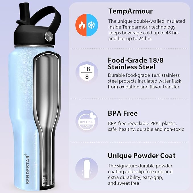 SENDESTAR Water Bottle,Wide Mouth Stainless Steel Vacuum Insulated Double Wall Keep Liquids Cold or Hot All Day,Sweat Proof Sport Design,Fit Car Cup Holder,Buling Buling Blue,40 Ounces
