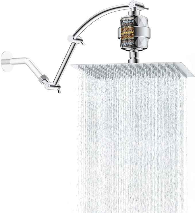 Hibbent All Metal Rain Filtered Shower Head, 12'' High Pressure Rainfall Showerhead with 16" Shower Head Extension Arm, 20 Stage Shower Filter, Solid Brass Adjustable Shower Arm Extender, Chrome