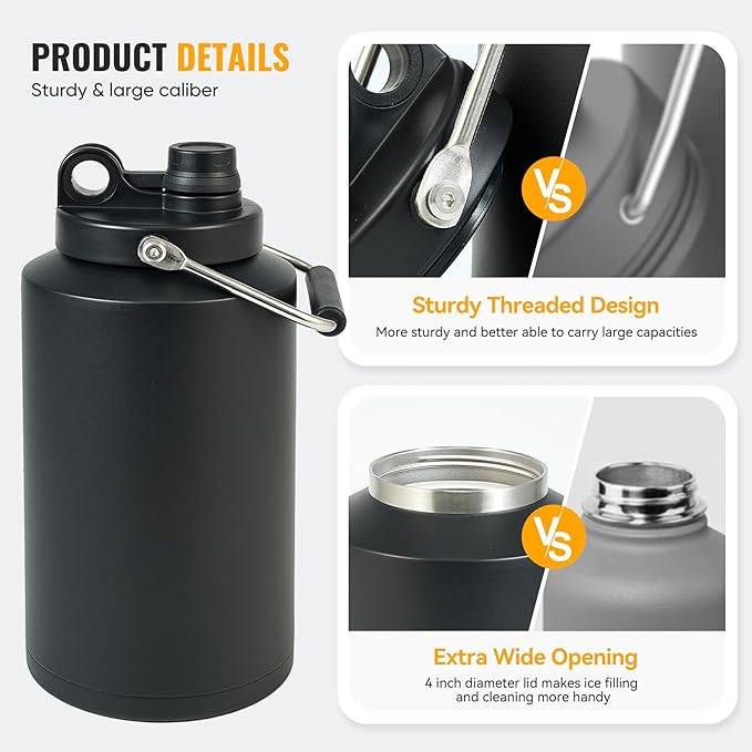 Kerilyn Insulated Gallon Jug with Handle, One Gallon, 128oz Stainless Steel, Large Double Vacuum Water Bottle for Hot & Cold Drinks, Wide Mouth, Sweat Proof, Great for Travel, Camping, Black
