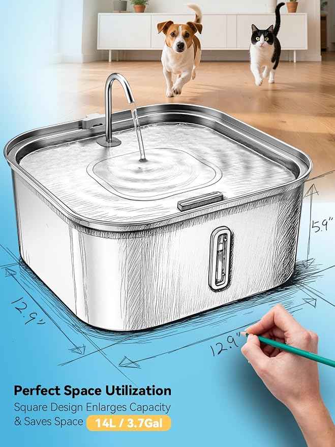 Large Dog Water Fountain 14L/3.7Gal, Stainless Steel Pet Fountain for Large Dogs and Multi-Pets Families, Square Design Enlarges Capacity & Saves Space (Fountain & 7pcs Filters)