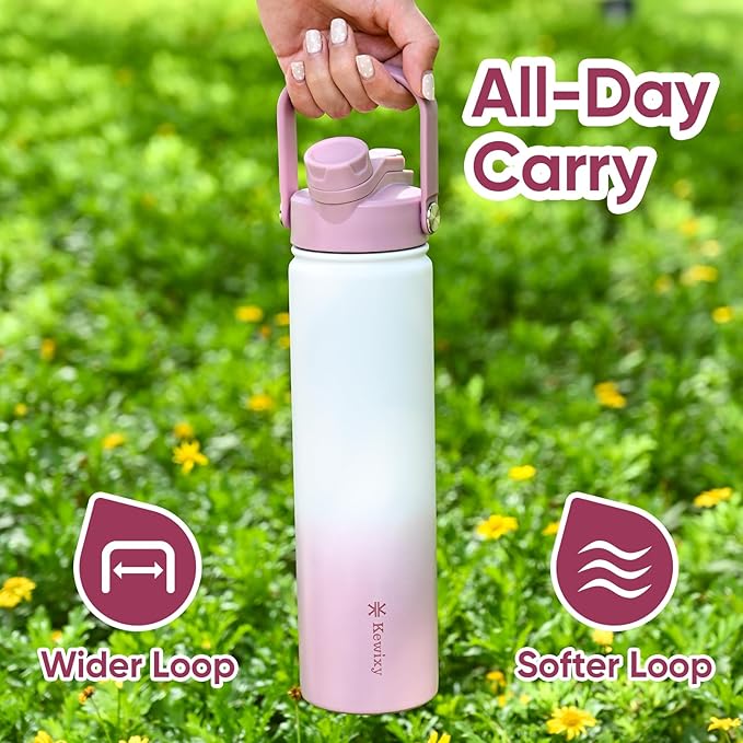 KEWIXY 24 oz Insulated Water Bottle, 2-in-1 Lid, Straw & Spout with Protected, Leak Proof, Keep Cold, Stainless Steel, Metal, Reusable, Handle, for Travel, Gym and School, 2 Lids, Iced Plum