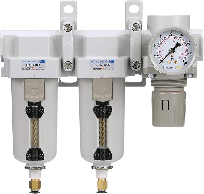 PneumaticPlus SAU430-N04DG-MEP Three Stage Air Drying System Particulate Air Filter, Coalescing Filter, Air Pressure Regulator Combo 1/2" NPT - Metal Bowl, Auto Drain, Bracket, Gauge - AquaVibe